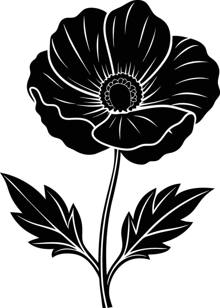 Black and white poppy flower silhouette vector