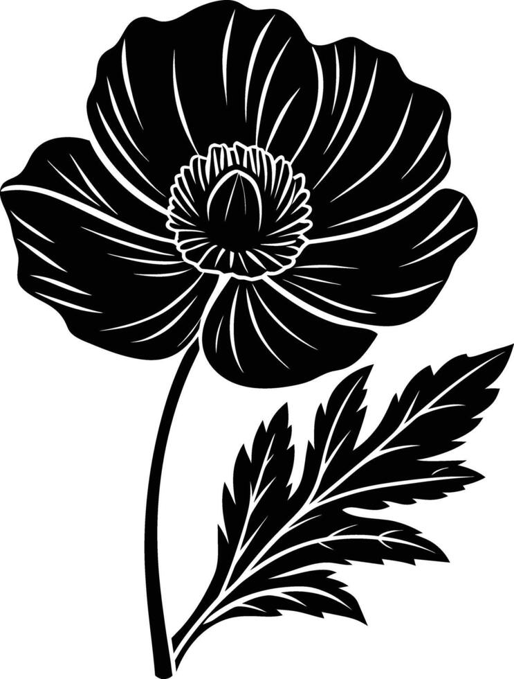 Black and white poppy flower silhouette vector