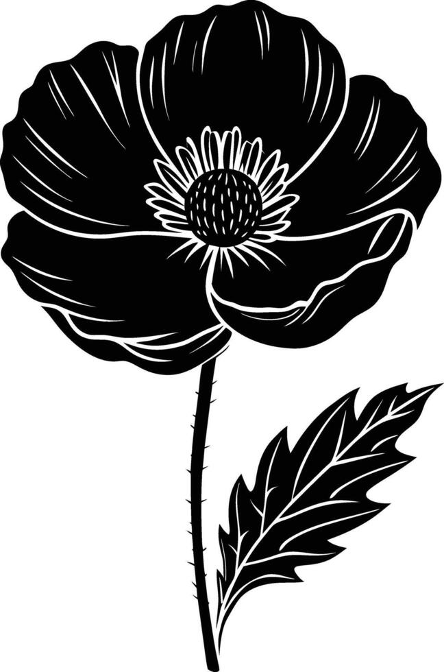Black and white poppy flower silhouette vector