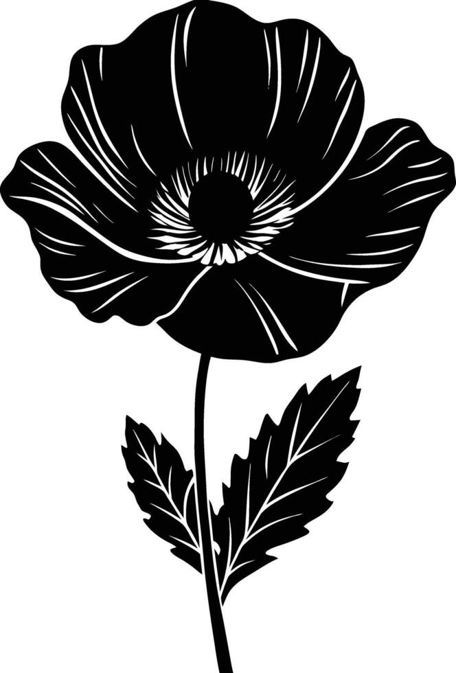 Black and white poppy flower silhouette vector