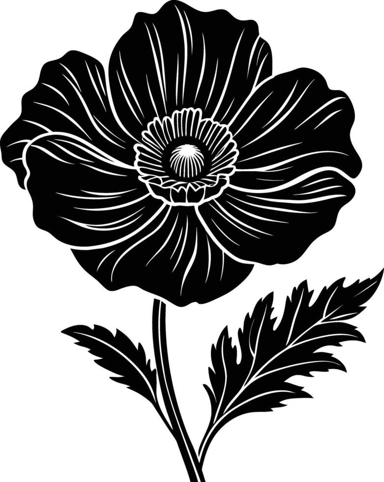 Black and white poppy flower silhouette vector