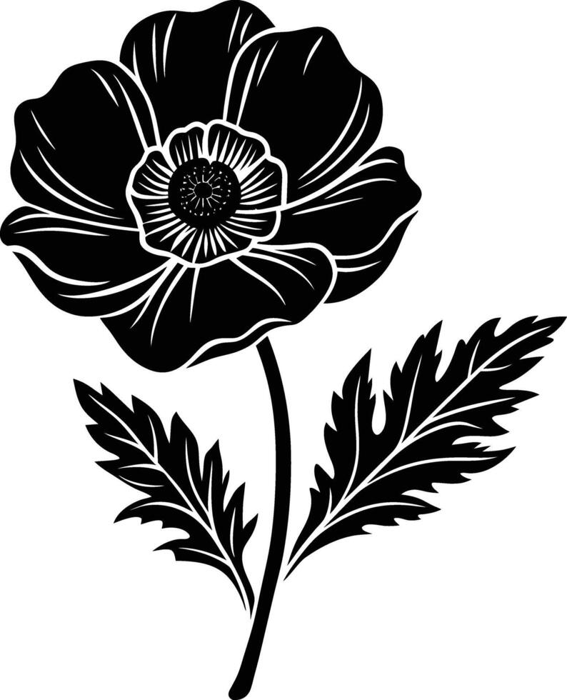 Black and white poppy flower silhouette vector
