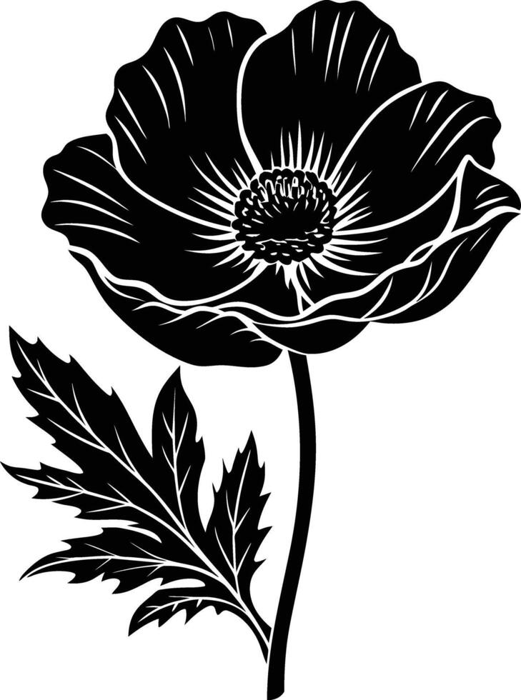 Black and white poppy flower silhouette vector