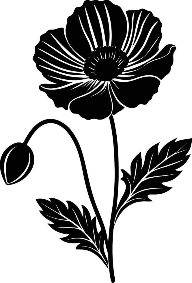Black and white poppy flower silhouette vector