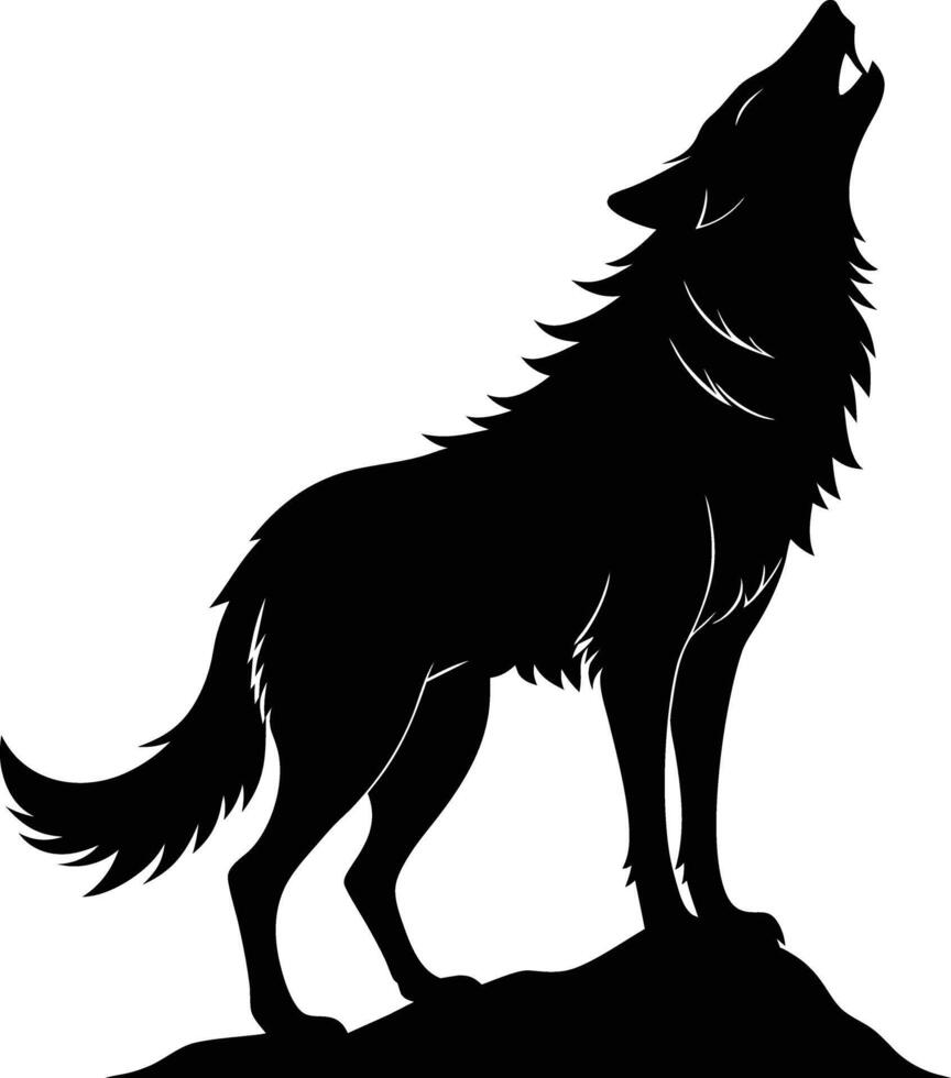 A black and white silhouette of a wolf howling vector