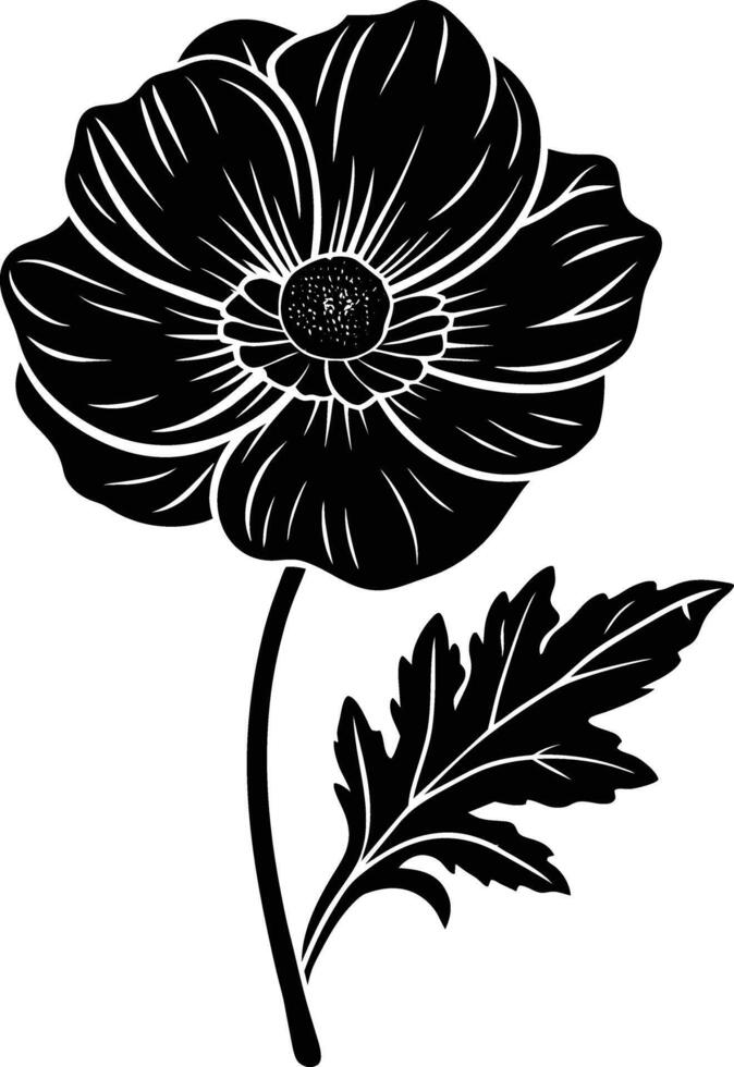 Black and white poppy flower silhouette vector