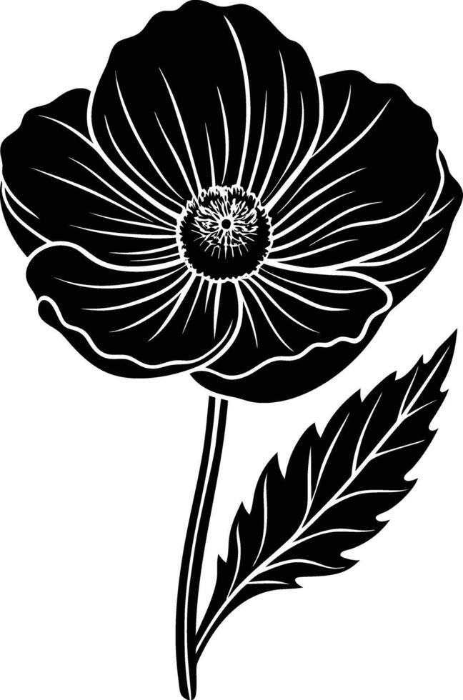 Black and white poppy flower silhouette vector