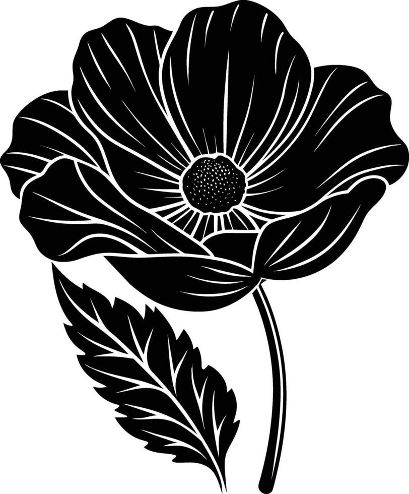 Black and white poppy flower silhouette vector