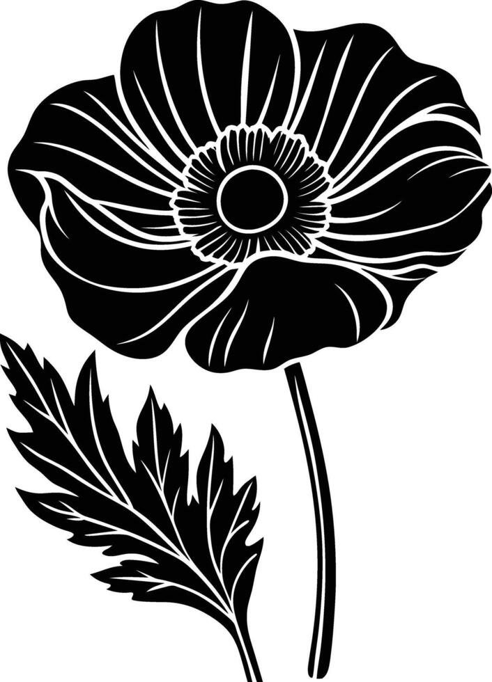 Black and white poppy flower silhouette vector