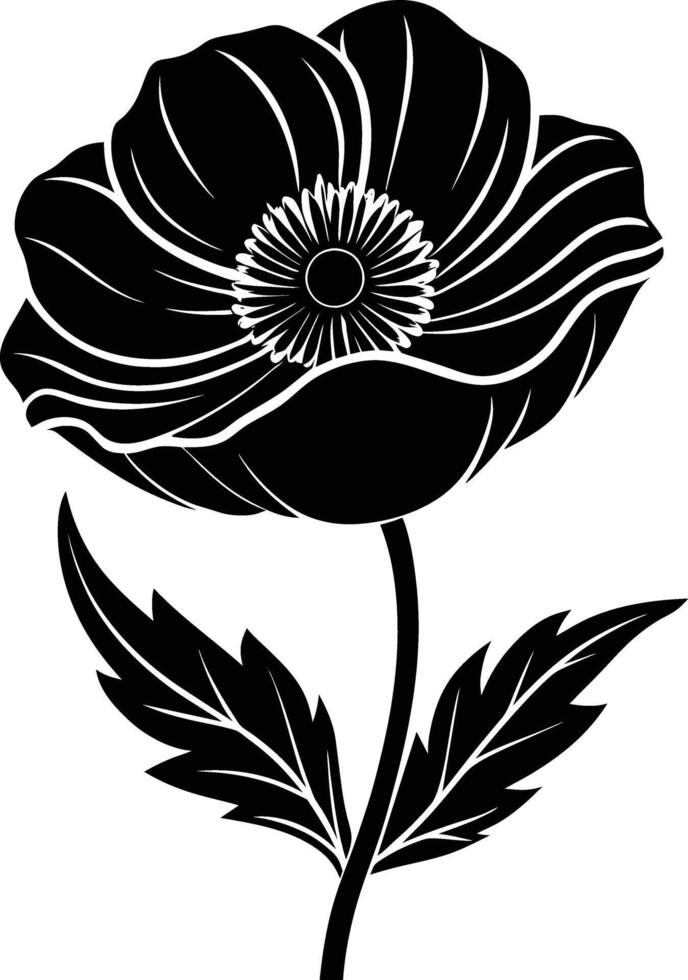 Black and white poppy flower silhouette vector