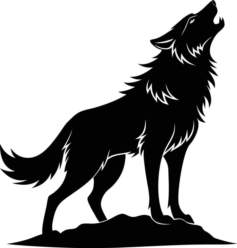 A black and white silhouette of a wolf howling vector