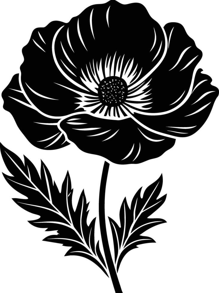 Black and white poppy flower silhouette vector