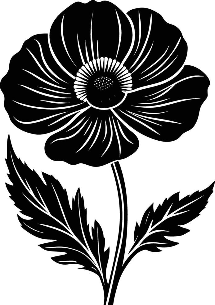 Black and white poppy flower silhouette vector