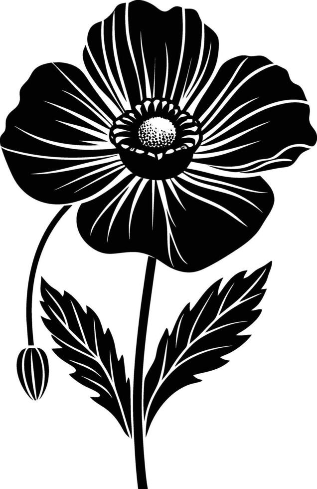 Black and white poppy flower silhouette vector