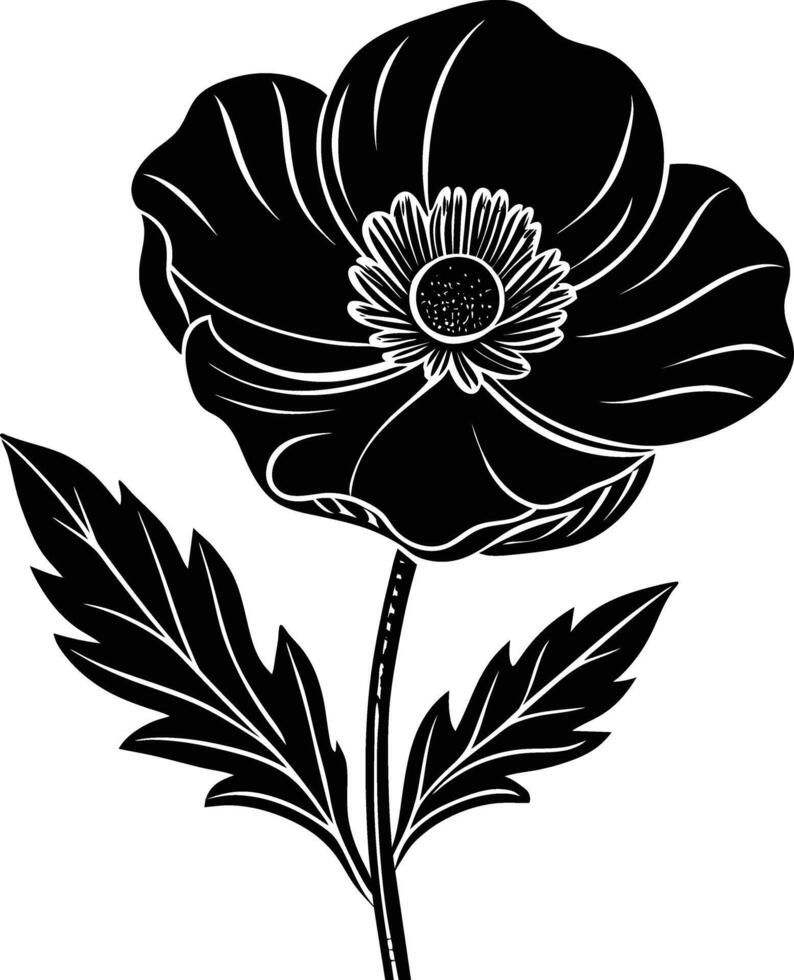 Black and white poppy flower silhouette vector