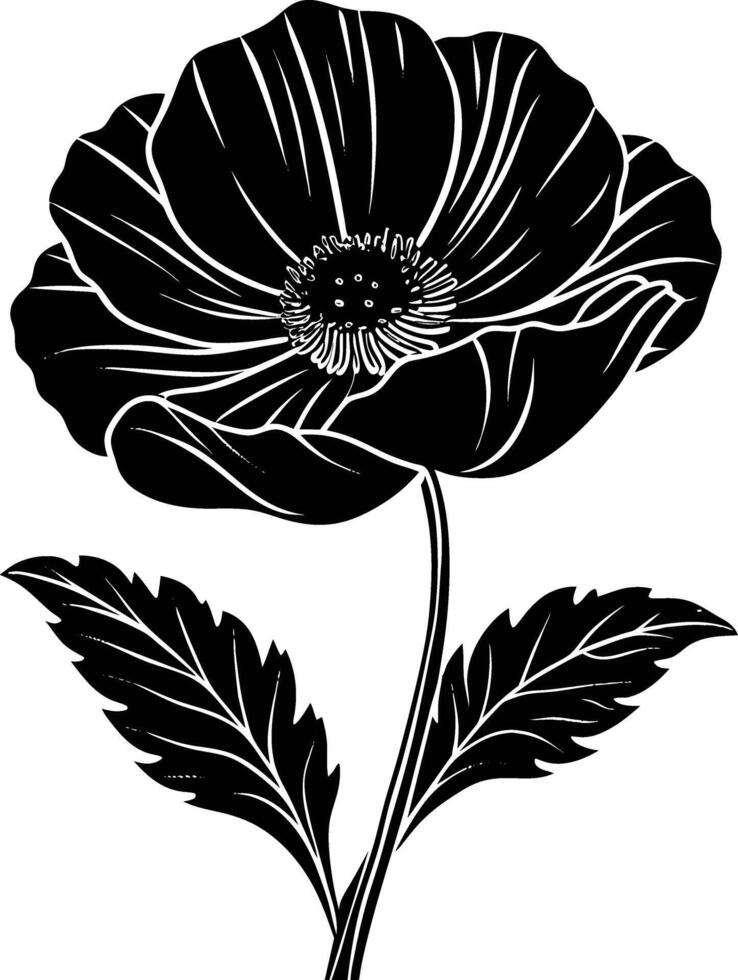 Black and white poppy flower silhouette vector