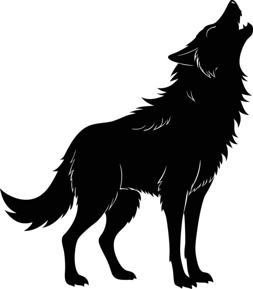 A black and white silhouette of a wolf howling vector
