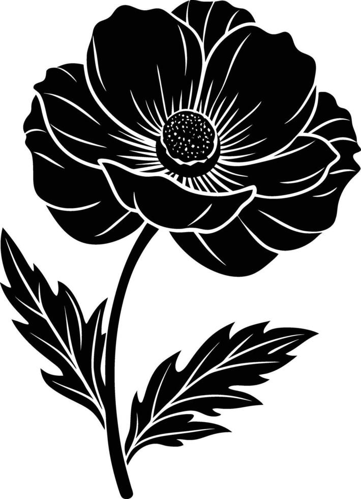 Black and white poppy flower silhouette vector
