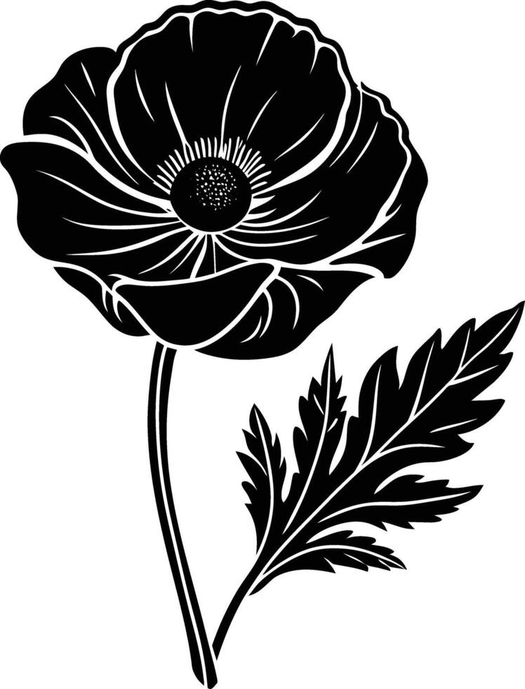 Black and white poppy flower silhouette vector