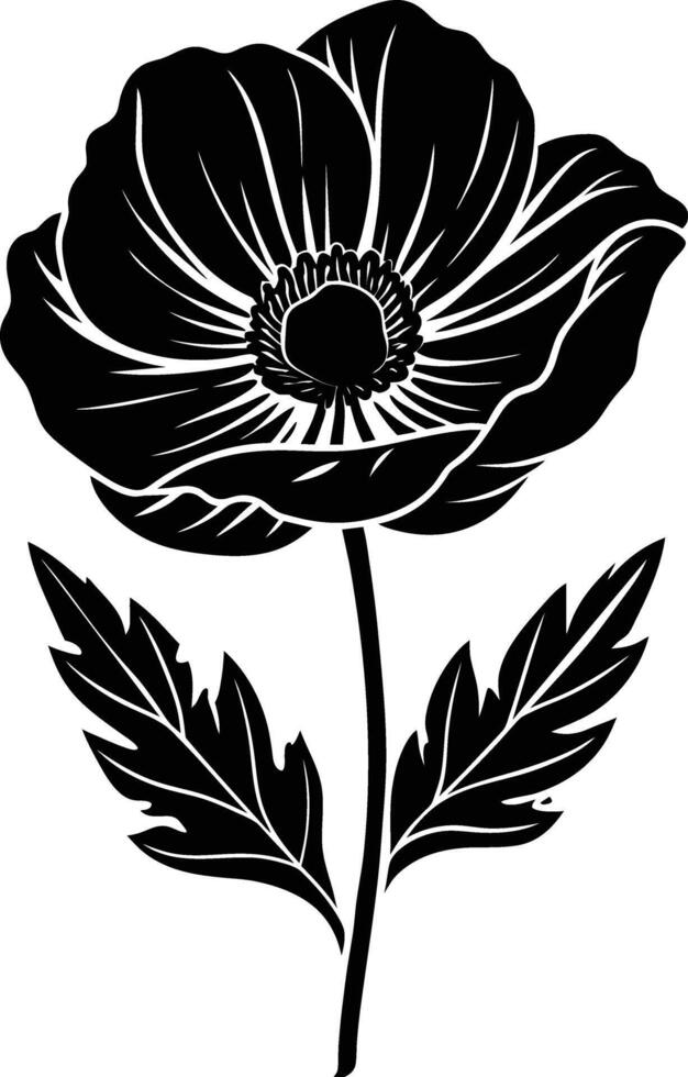 Black and white poppy flower silhouette vector