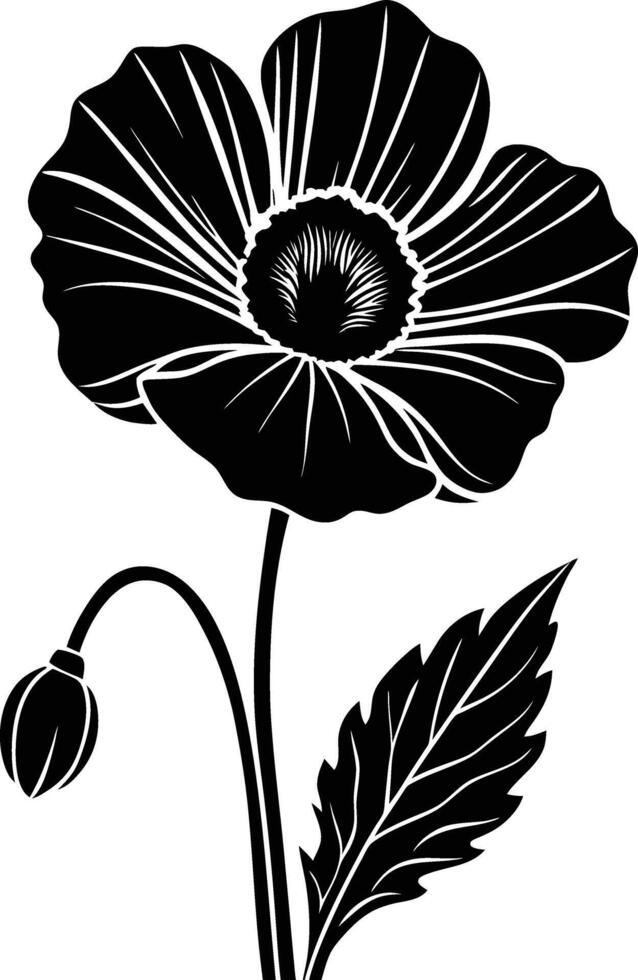 Black and white poppy flower silhouette vector