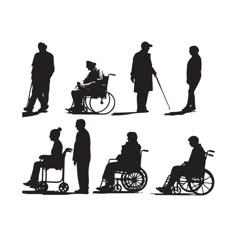 Silhouettes of old and disabled people on a white background vector