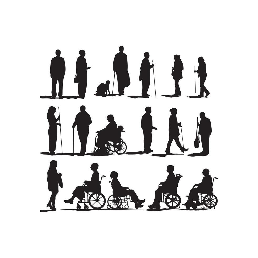 Silhouettes of old and disabled people on a white background vector
