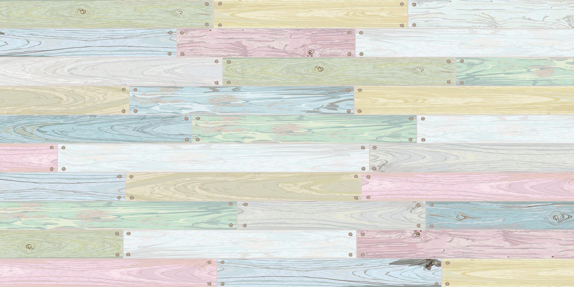 Mixed used cut timber panels colorful painted fade condition and held together with brass rivets graphic illustrated. Wooden texture pattern tropical style. vector