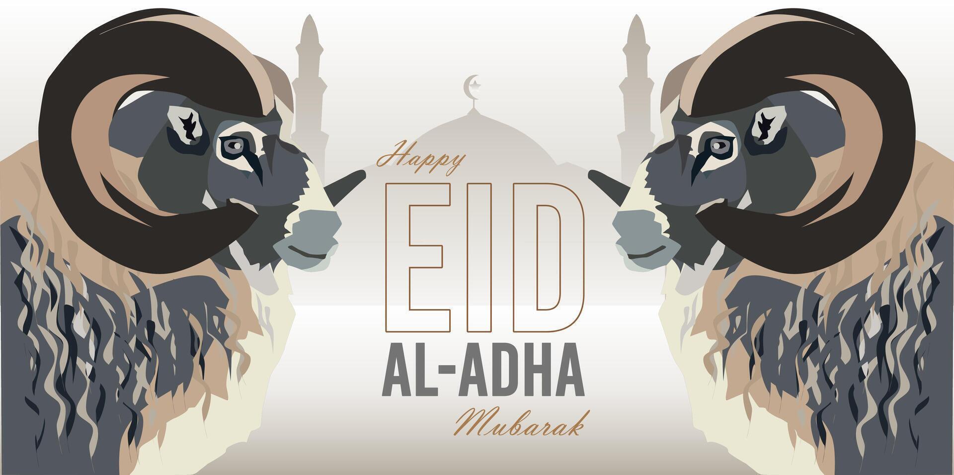 two twin horn sheep looking at each other thick fur celebrating Eid Adha background silhouette mosque vector