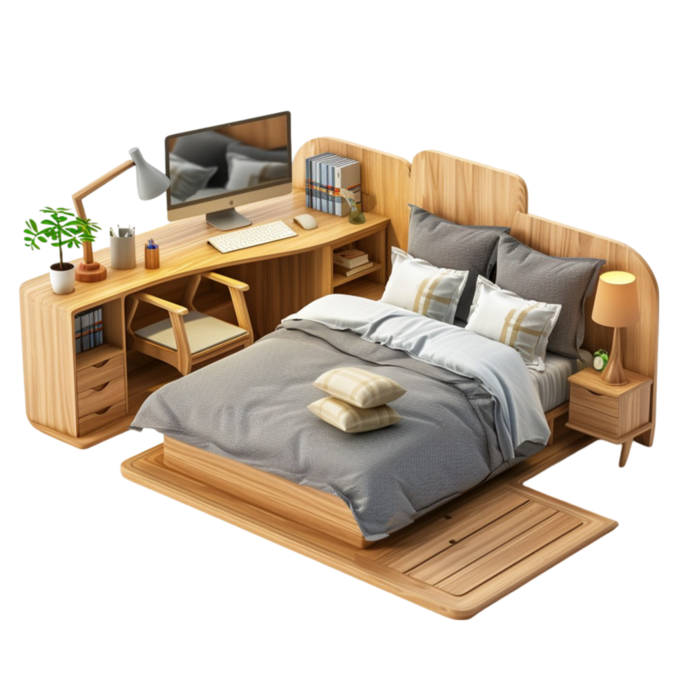 3d Rendering Of a Bedroom With a Bed, Desk And Chair Transparent Background png