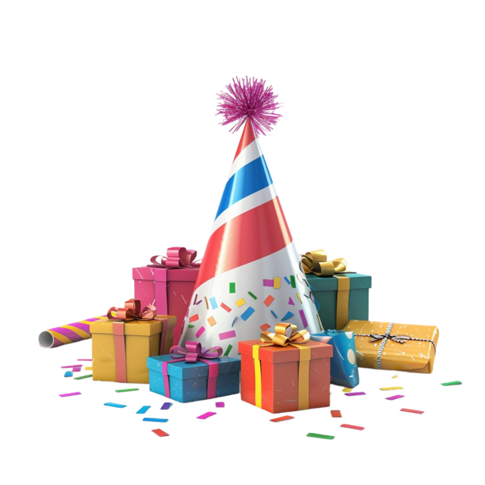 Birthday Party Hat, Gift Boxes And Confetti On a Transparent background png