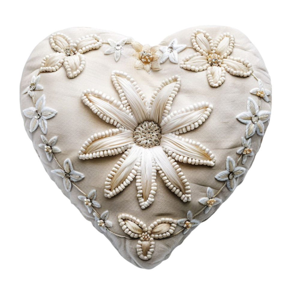 A heart shaped pillow with white flowers transparent background. png