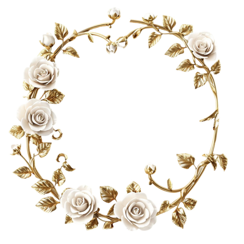 Golden wreath with white roses on transparent background png