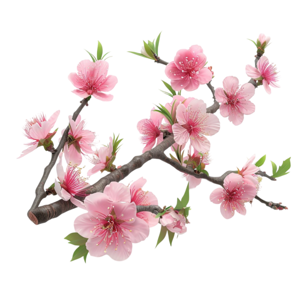 pink cherry blossom on a branch with leaves on transparent background. png