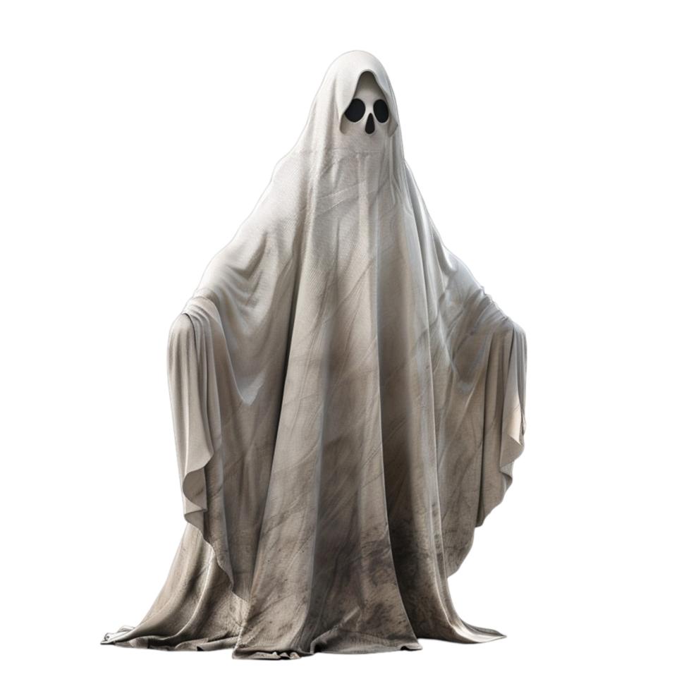 a ghost with a white cloak and a skull on it on transparent background. png