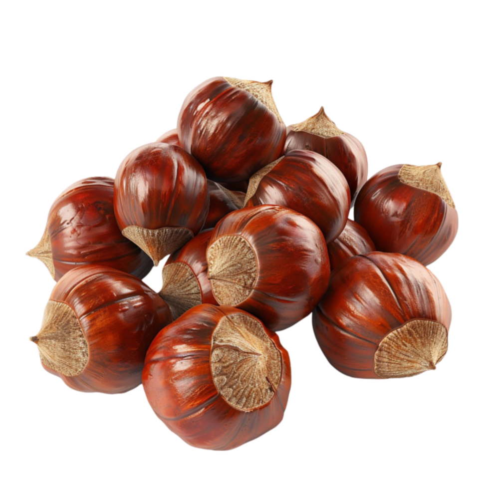 Genereted AI A group of brown and white chestnuts are arranged in a on transparent background. png