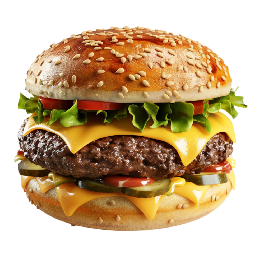 a hamburger with cheese and lettuce on it on transparent background. png