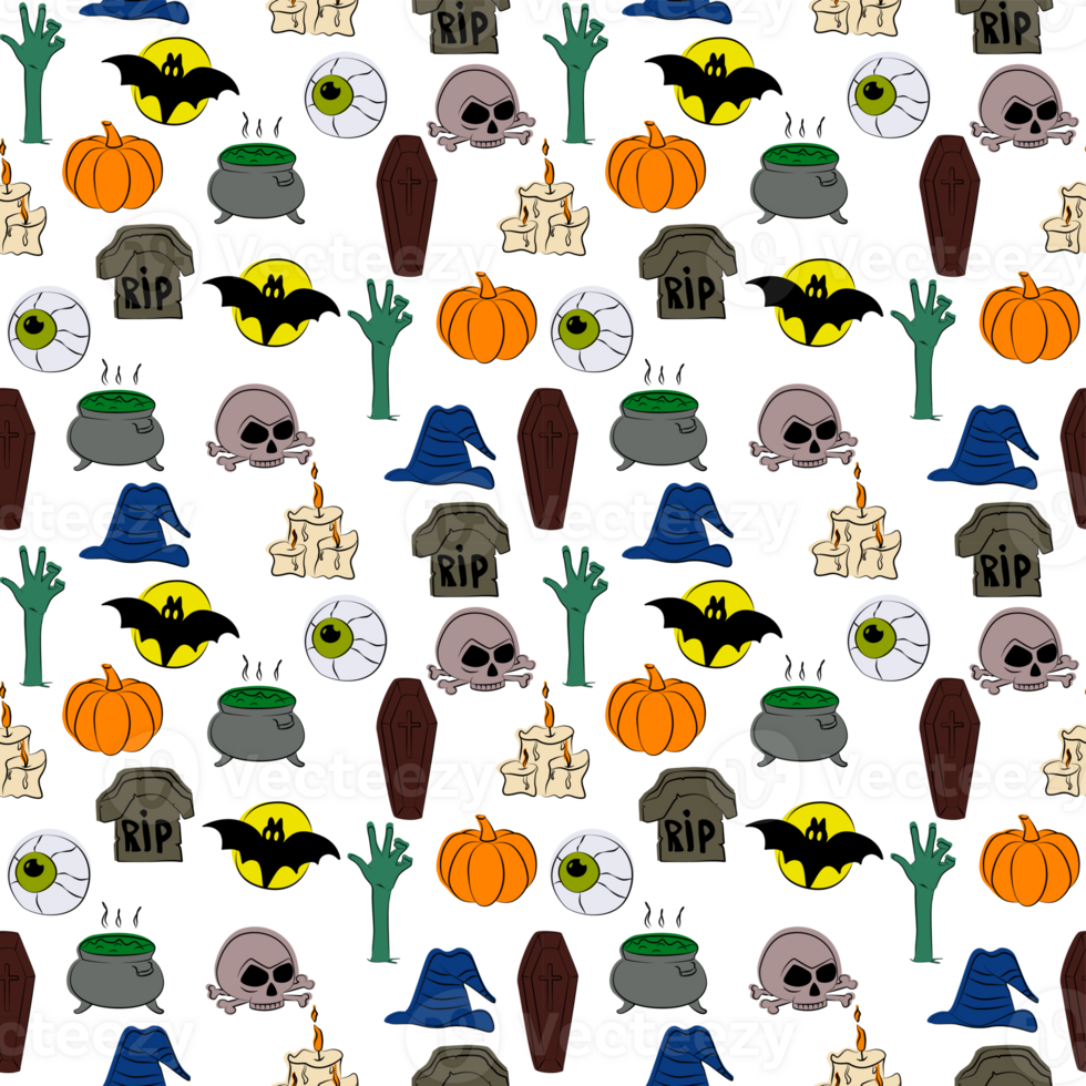Seamless pattern with Halloween icons. Background for wallpaper, wrapping, packing, and backdrop. png