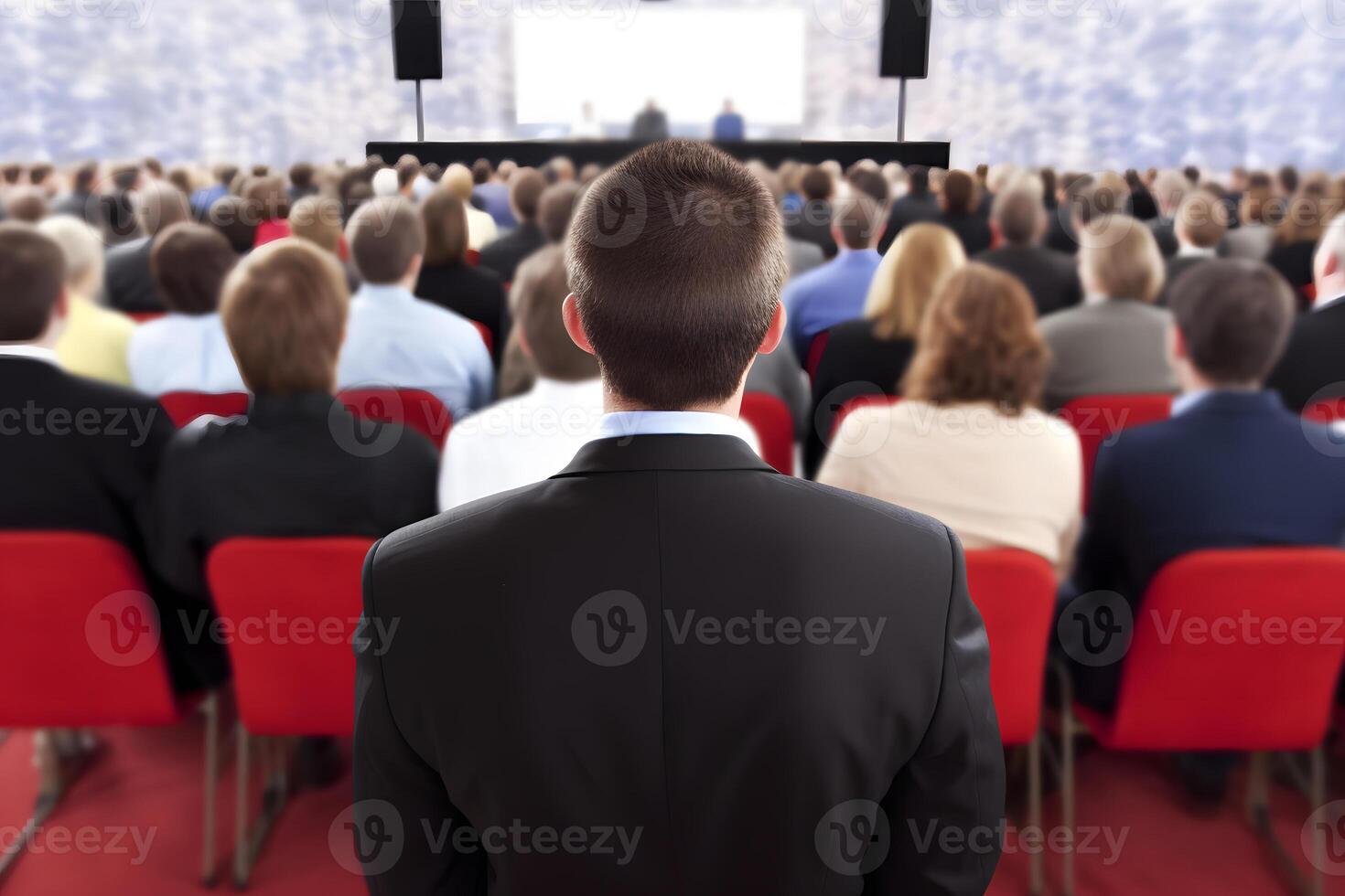 Speaker Giving a Talk at Business Meeting. Audience in the conference hall. Neural network photo