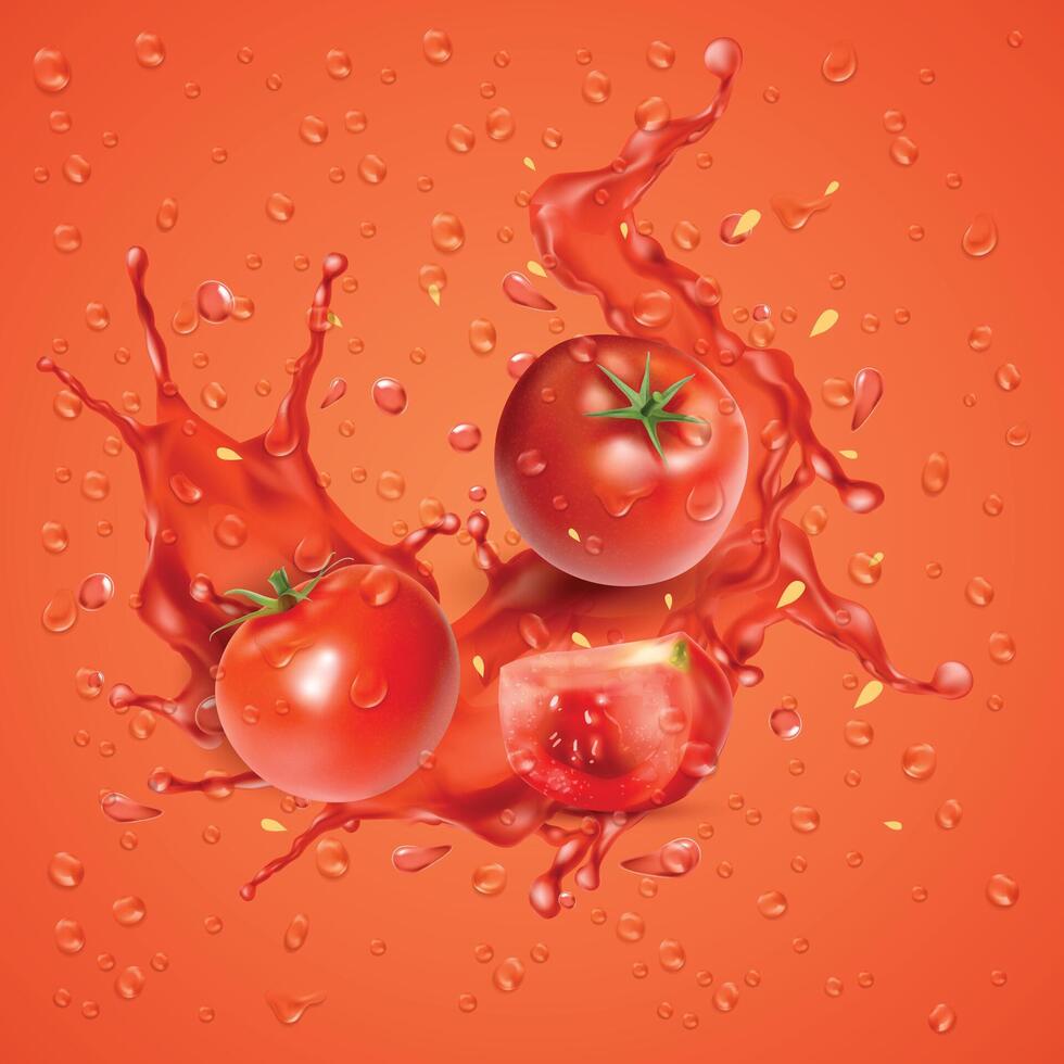 Fresh red juicy tomato, a juicy splash of tomatoes, and water drops with bubbles. vector