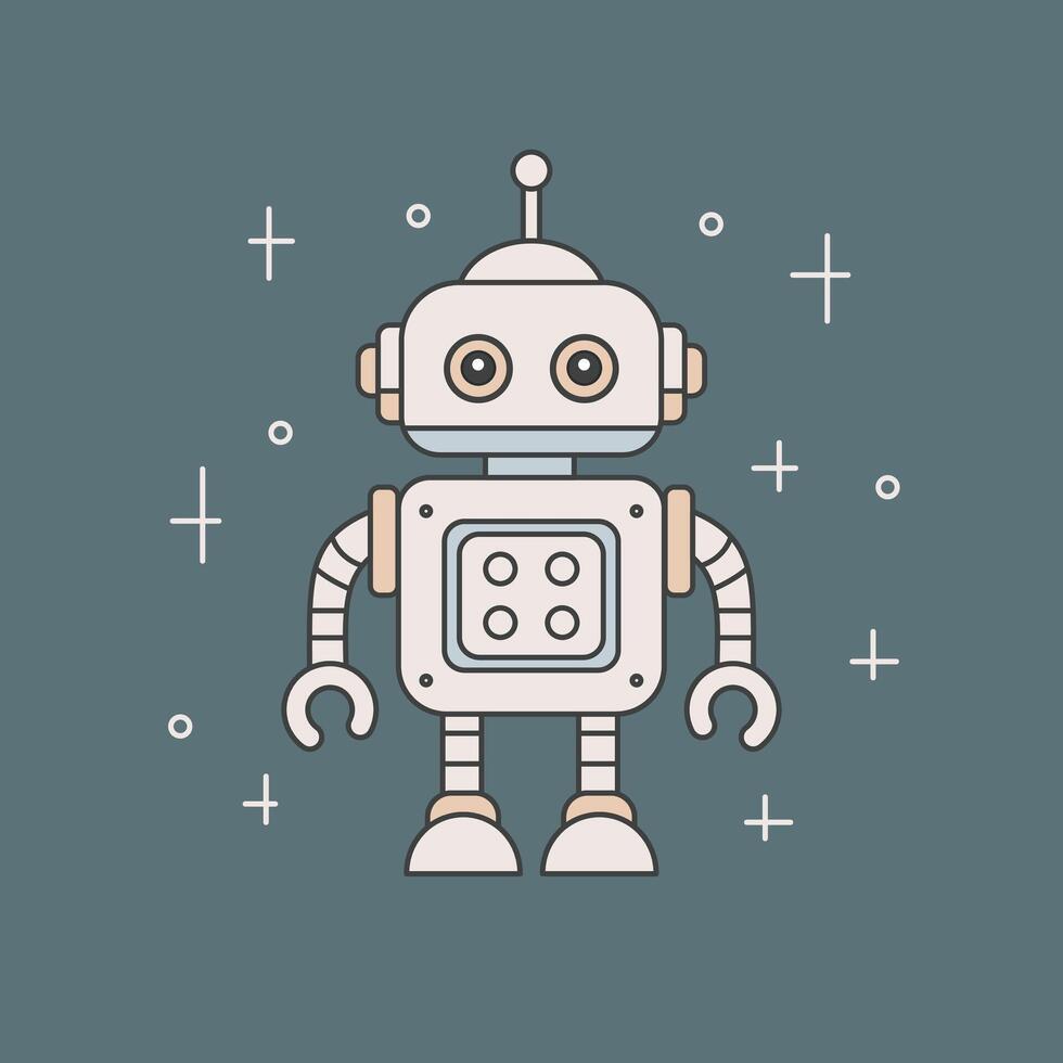 Little cartoon robot isolated on grey background. Color illustration with black outline. vector