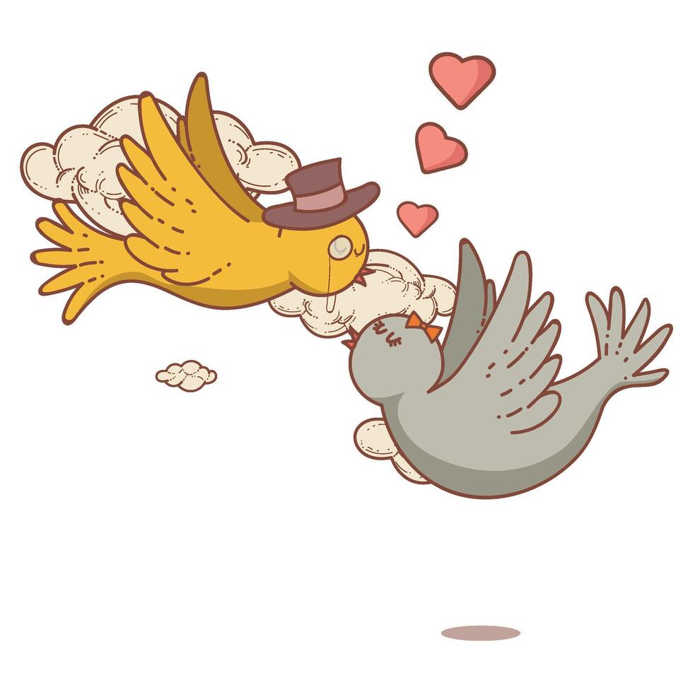 Two cute birds in love, kissing in the sky. Cartoon illustration. As element, background, greeting card. vector