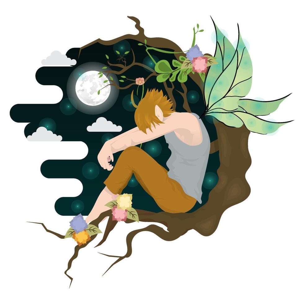 Pretty fairy sleeps on the moon, watercolor illustration, graphic for kid posters, wallpapers, textile artworks vector