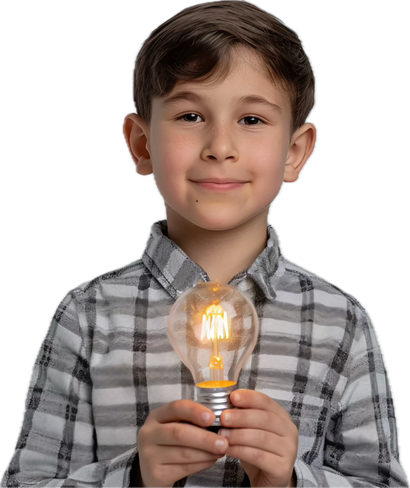 Smiling Boy Holding Illuminated Light Bulb. png