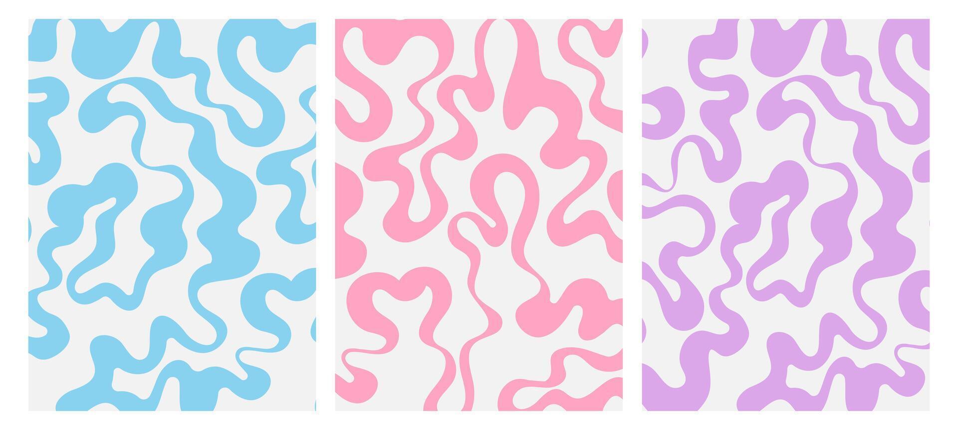 Groovy poster with organic curve wavy line. Set of vertical abstract background with scribble contour line in 70s 60s style. vector