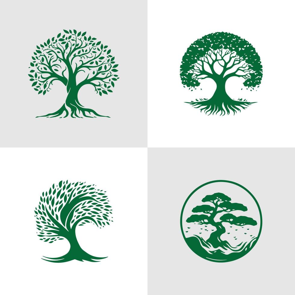 Set of Abstract Tree silhouette logo icons, with a white background for your company, the Oak plant logo design ideas vector