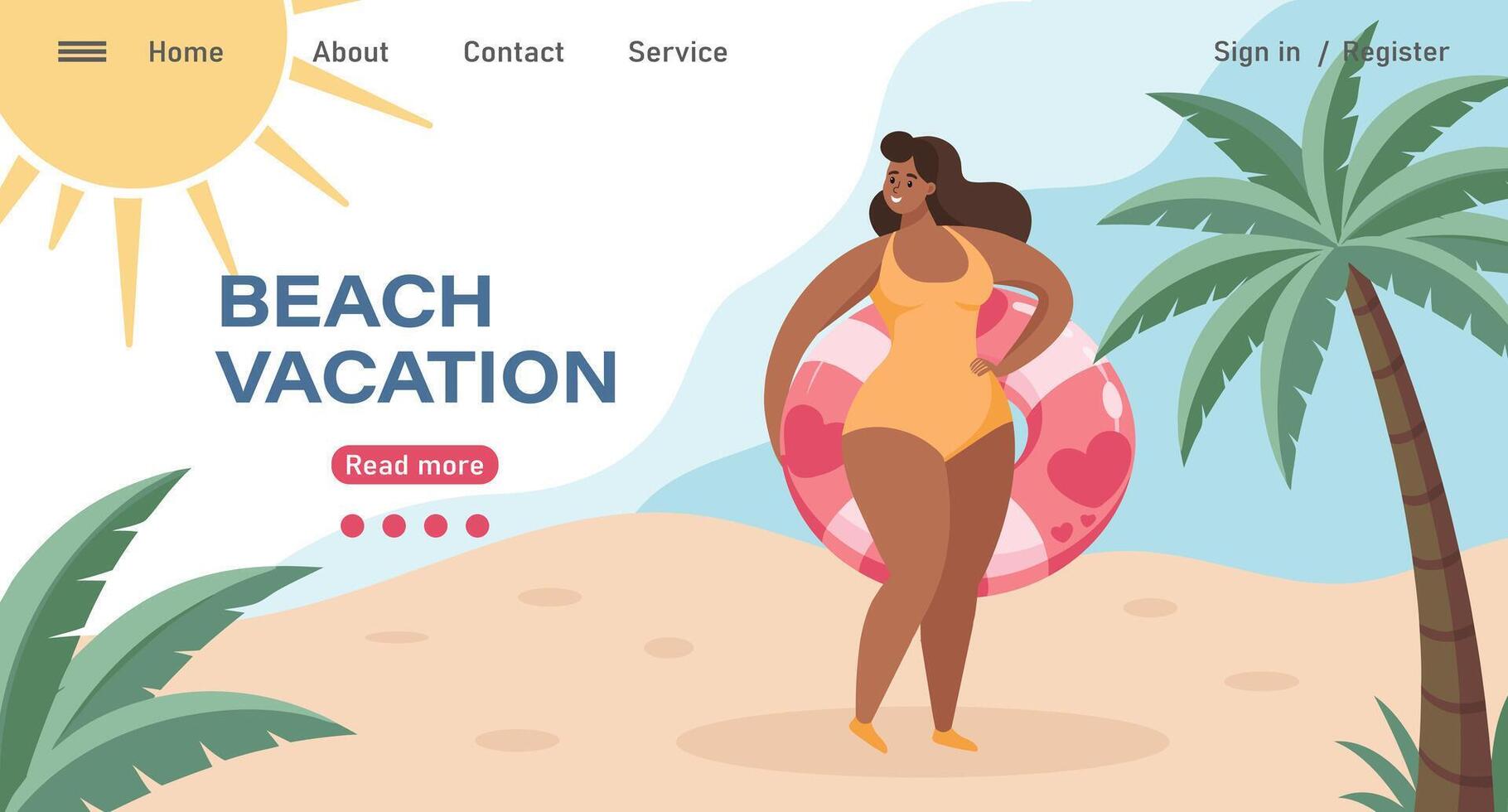 Travel destinations summer landing page. Happy woman in a swimsuit with a swimming ring. Beach holiday concept illustration. vector