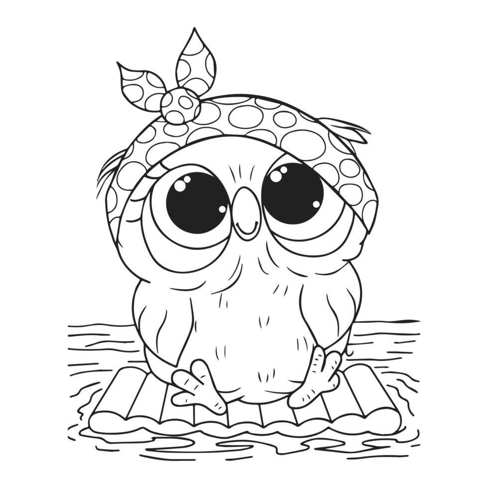 Hand drawn cute owl in a headscarf. Illustration for coloring, sketch vector