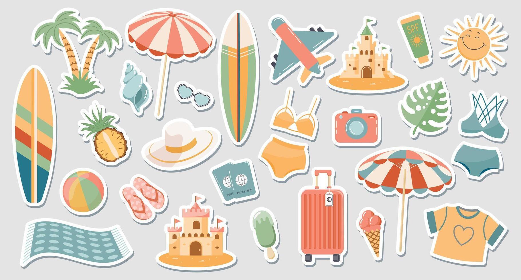 Set of cute summer stickers for your daily planner. Collection of scrapbooking elements for beach party, parasol, surfboard, ice cream, bikini, beach hat. Summer collection vector