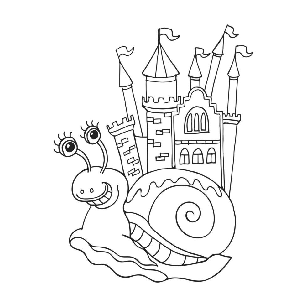 Hand drawn contour funny snail with castle house. Magic illustration for coloring, sketch vector
